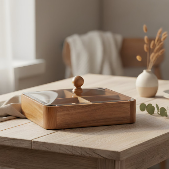 Wooden Four-Section Serving Platter with Acrylic Lid Large